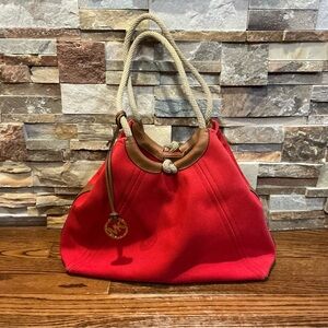 Michael Kors Isla  Red Canvas Tote with Tan Trim and Rope Handles